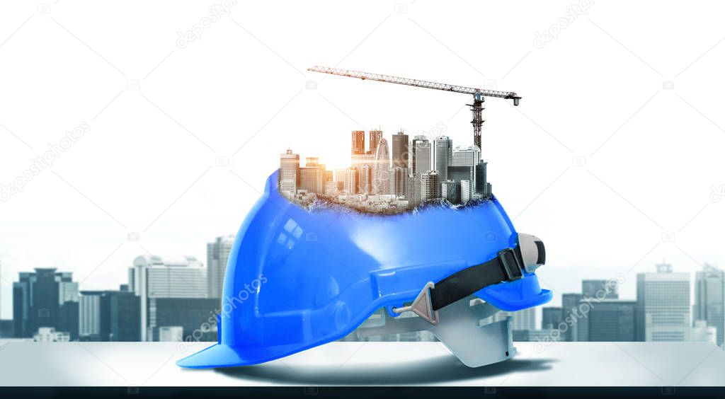 Future building construction engineering project concept with double exposure graphic design. Building engineer, architect people or construction worker working with modern civil equipment technology.