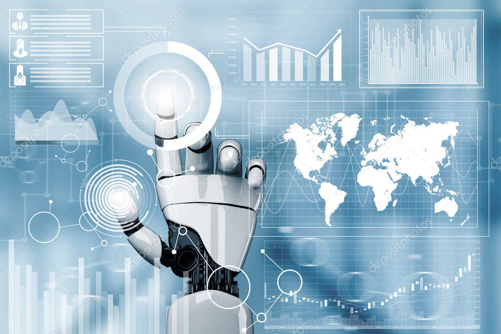 Futuristic robot technology development, artificial intelligence AI, and machine learning concept. Global robotic bionic science research for future of human life.