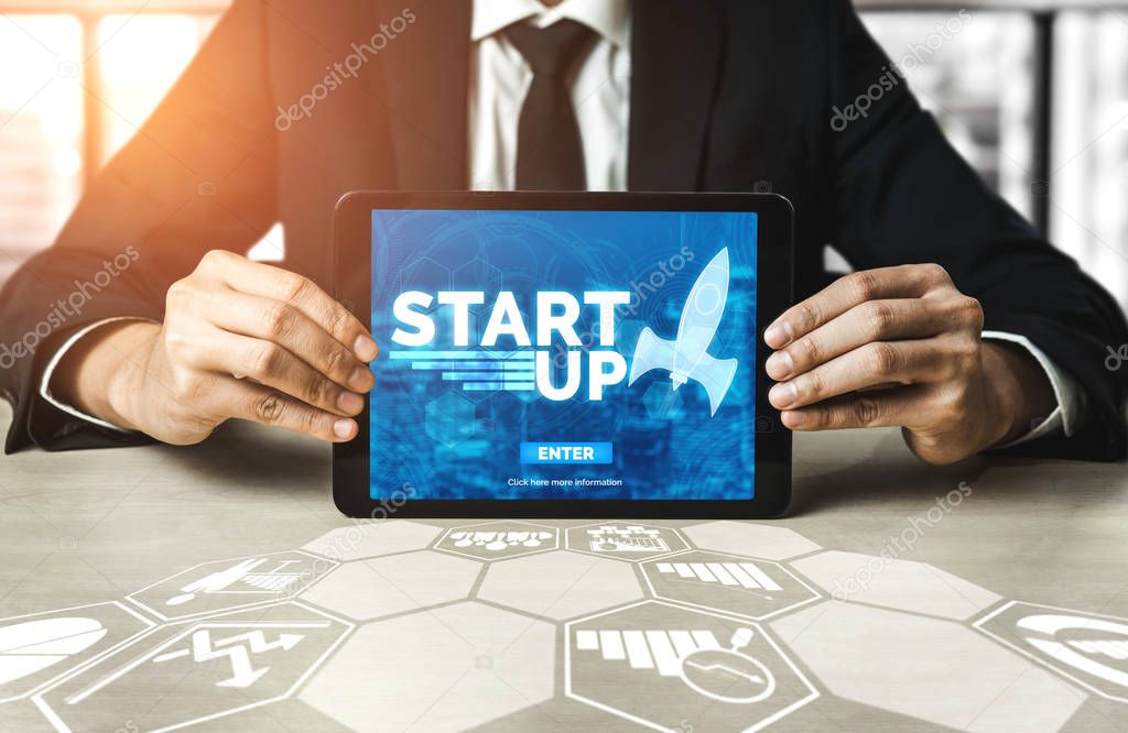 Start Up Business of Creative People Concept - Modern graphic interface showing symbol of entrepreneurship, fund, and project plan to start a new small business by smart group of entrepreneur.