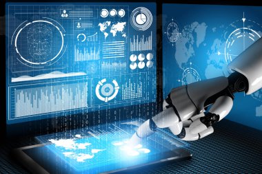 Gelecekçi robot teknolojisi geliştirme, yapay zeka yapay zeka yapay zeka ve makine öğrenme kavramı. İnsan hayatının geleceği için küresel robot biyonik bilim araştırması.
