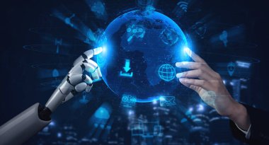 Yaşayan insanların geleceği için robot ve sayborg gelişimi üzerine yapay zeka yapay zekası araştırması. Bilgisayar beyin iletişimi için dijital veri madenciliği ve makine öğrenme teknolojisi tasarımı.