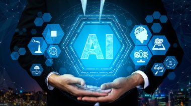 AI Öğrenme ve Yapay Zeka Kavramı - Bilgisayar, makine düşünme ve Dijital Robot Aygıtların Yapay Zeka Arayüzünü gösteren Simge Grafiksel Arayüzü.