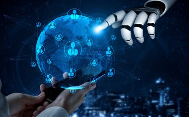 Yaşayan insanların geleceği için robot ve sayborg gelişimi üzerine yapay zeka yapay zekası araştırması. Bilgisayar beyin iletişimi için dijital veri madenciliği ve makine öğrenme teknolojisi tasarımı.