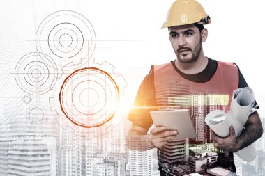 Geleceğin inşaat mühendisliği projesi konsepti ve çift pozlama grafik tasarımı. İnşaat mühendisi, mimar ya da modern sivil ekipman teknolojisiyle çalışan inşaat işçisi.