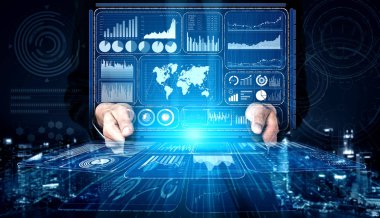 İş Mali Analitik Konsepti için Büyük Veri Teknolojisi. Modern grafik arayüzü ekranda iş satış raporu, kâr tablosu ve hisse senedi eğilimleri analizi hakkında devasa bilgiler gösteriyor.