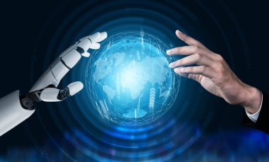 Gelecekçi robot teknolojisi geliştirme, yapay zeka yapay zeka yapay zeka ve makine öğrenme kavramı. İnsan hayatının geleceği için küresel robot biyonik bilim araştırması.