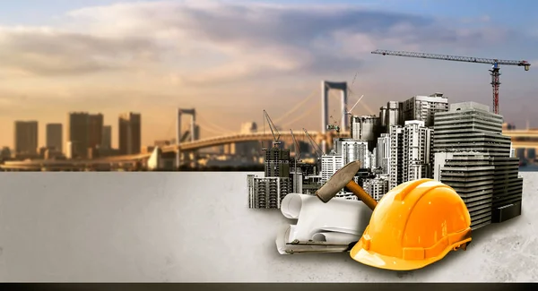创新建筑和土木工程建筑建设项目 专业建筑师 工人和工程师展示基础设施城市建设概念的创造性平面设计 — 图库照片
