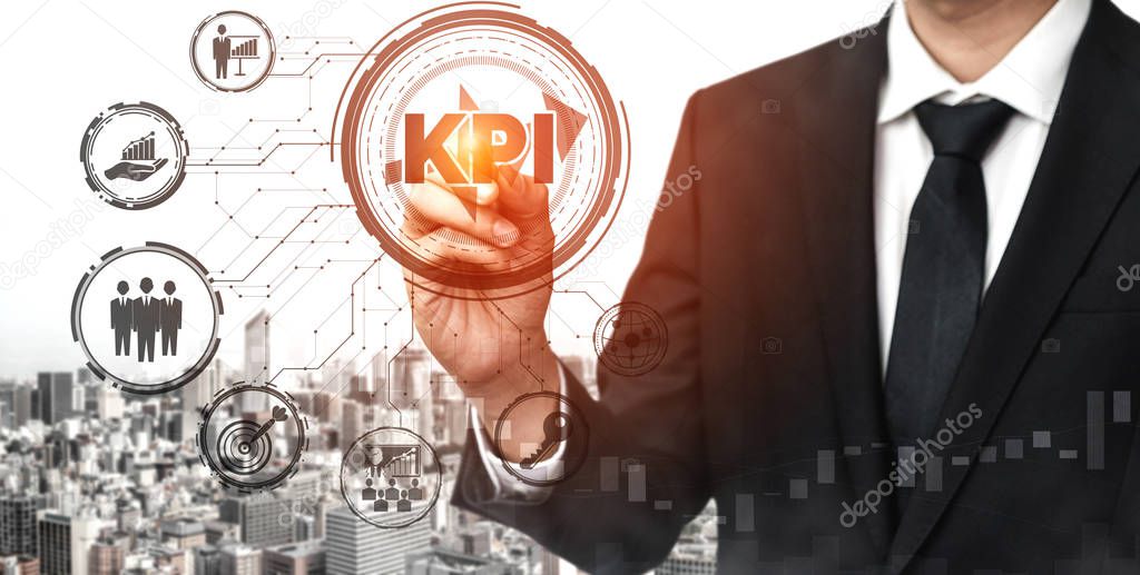 KPI Key Performance Indicator for Business Concept - Modern graphic interface showing symbols of job target evaluation and analytical numbers for marketing KPI management.