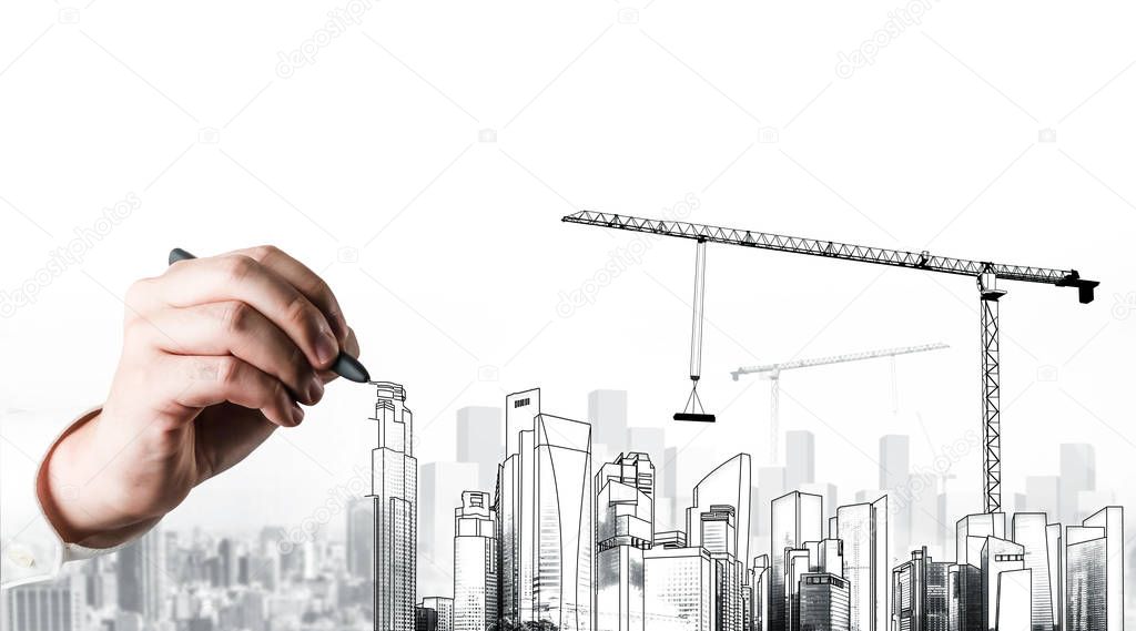 City civil planning and real estate development - Architect people looking at abstract city sketch drawing to design creative future city building. Architecture dream and ambition concept.