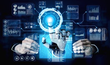 Yaşayan insanların geleceği için robot ve sayborg gelişimi üzerine yapay zeka yapay zekası araştırması. Bilgisayar beyin iletişimi için dijital veri madenciliği ve makine öğrenme teknolojisi tasarımı.