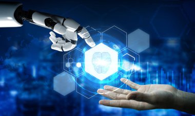 Gelecekçi robot teknolojisi geliştirme, yapay zeka yapay zeka yapay zeka ve makine öğrenme kavramı. İnsan hayatının geleceği için küresel robot biyonik bilim araştırması.