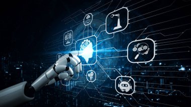 Yaşayan insanların geleceği için robot ve sayborg gelişimi üzerine yapay zeka yapay zekası araştırması. Bilgisayar beyin iletişimi için dijital veri madenciliği ve makine öğrenme teknolojisi tasarımı.