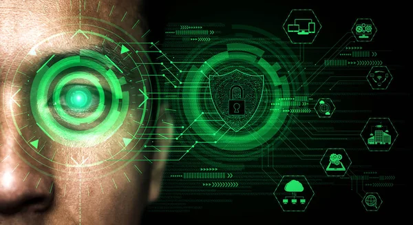 Future cyber security data protection by biometrics scanning with human eye to unlock and give access to private digital data. Futuristic technology innovation concept.