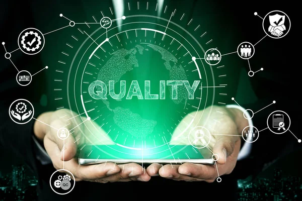 Quality Assurance and Quality Control Concept - Modern graphic interface showing certified standard process, product warranty and quality improvement technology for satisfaction of customer.