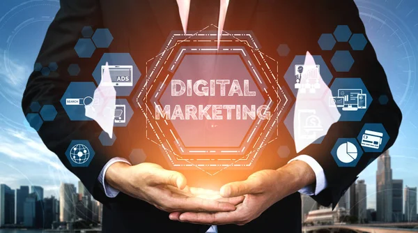 Digital Marketing Technology Solution for Online Business Concept - Graphic interface showing analytic diagram of online market promotion strategy on digital advertising platform via social media.