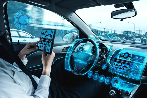 Self Driving Autonomous Car Relaxed Young Man Sitting Driver Seat — Stock Photo, Image