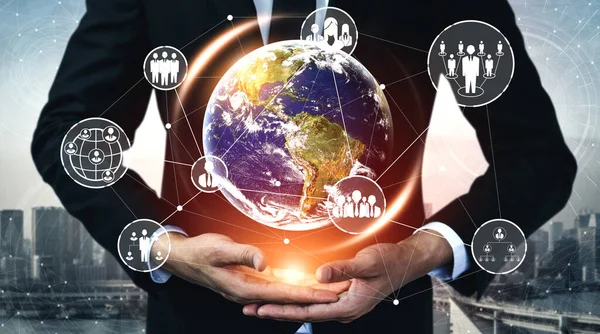 People network and global communication concept. Business people with modern graphic interface of community linking many people around world by social media platform to connect international business.