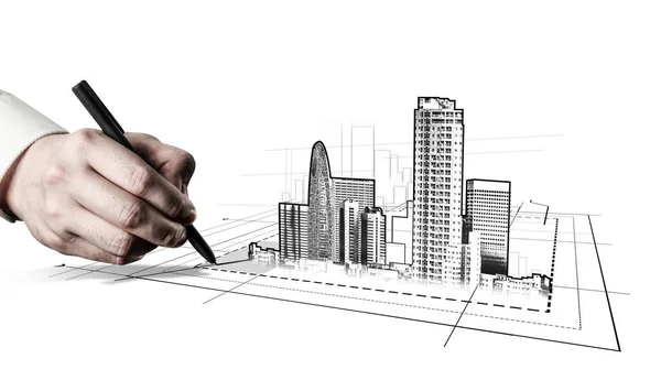 Şehir Planlama Gayrimenkul Geliştirme Mimarlar Şehir Çizimine Bakıp Yaratıcı Şehir — Stok fotoğraf