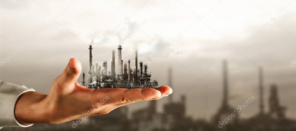 Future factory plant and energy industry concept in creative graphic design. Oil, gas and petrochemical refinery factory with double exposure arts showing next generation of power and energy business.