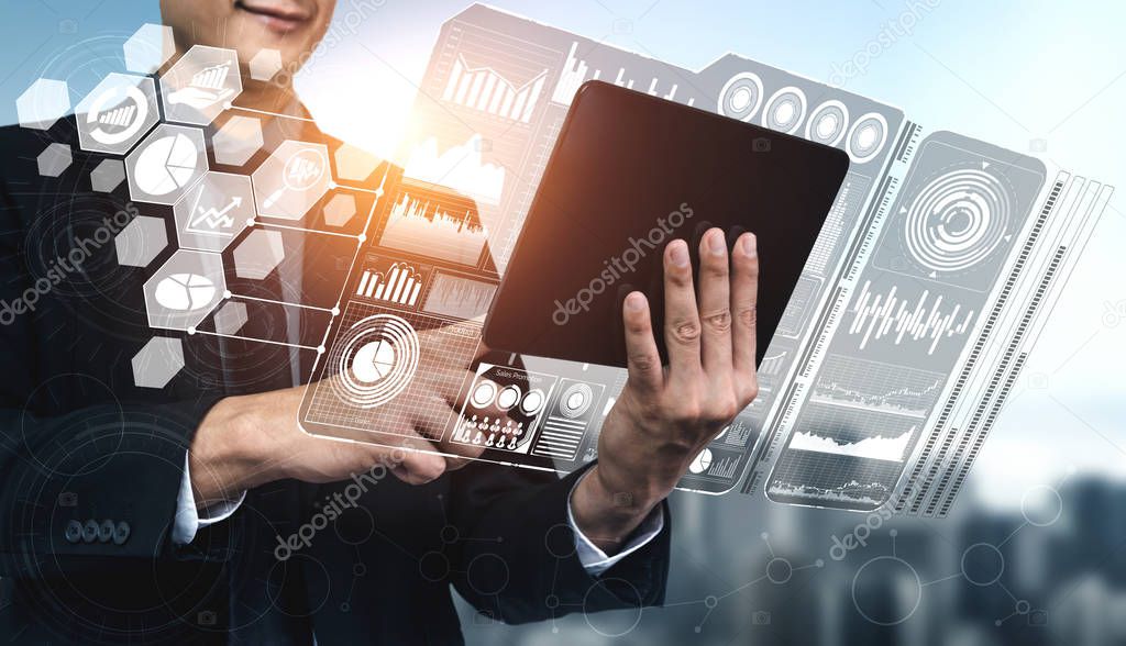 Big Data Technology for Business Finance Analytic Concept. Modern graphic interface shows massive information of business sale report, profit chart and stock market trends analysis on screen monitor.