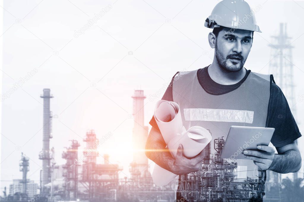 Future factory plant and energy industry concept in creative graphic design. Oil, gas and petrochemical refinery factory with double exposure arts showing next generation of power and energy business.