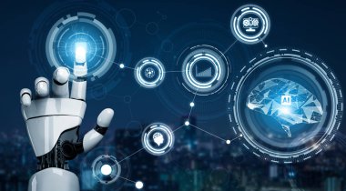 3D Rending gelecekteki robot teknolojisi geliştirme, yapay zeka yapay zeka ve makine öğrenme konsepti. İnsan hayatının geleceği için küresel robot biyonik bilim araştırması.