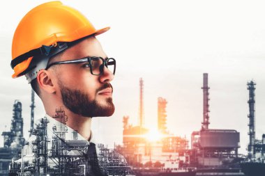 Yaratıcı grafik tasarımında gelecek fabrika ve enerji endüstrisi konsepti. Petrol, gaz ve petrokimyasal rafineri fabrikası yeni nesil enerji ve enerji sektörünü gösteriyor..