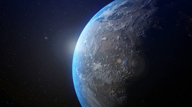 Ufukta gün doğumuyla üç boyutlu grafikle gerçekçi bir dünya gezegeni. Küreselleşme ve insanlar ağ kavramı.