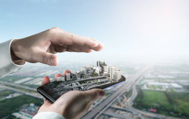 Yenilikçi mimari ve inşaat mühendisliği inşaat projesi. Profesyonel mimar, işçi ve mühendis tarafından yapılan yaratıcı grafik tasarımı altyapı şehir binası kavramını gösteriyor.