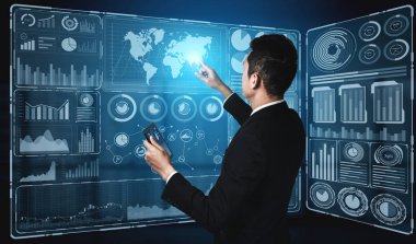 İş Mali Analitik Konsepti için Büyük Veri Teknolojisi. Modern grafik arayüzü ekranda iş satış raporu, kâr tablosu ve hisse senedi eğilimleri analizi hakkında devasa bilgiler gösteriyor.