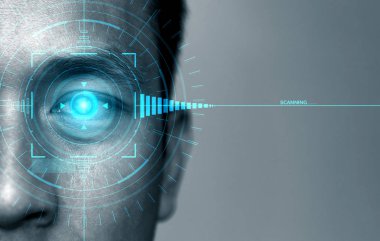 Future cyber security data protection by biometrics scanning with human eye to unlock and give access to private digital data. Futuristic technology innovation concept. clipart