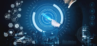 KPI İş Konsepti Performans Göstergesi - KPI yönetiminin pazarlanması için iş hedefi değerlendirmesinin sembollerini ve analitik numaralarını gösteren modern grafik arayüzü.