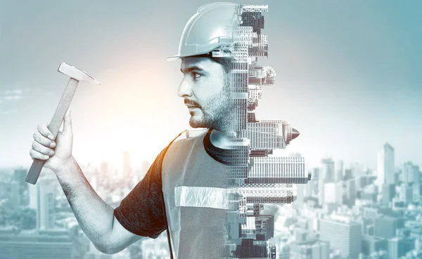 Future building construction engineering project concept with double exposure graphic design. Building engineer, architect people or construction worker working with modern civil equipment technology.