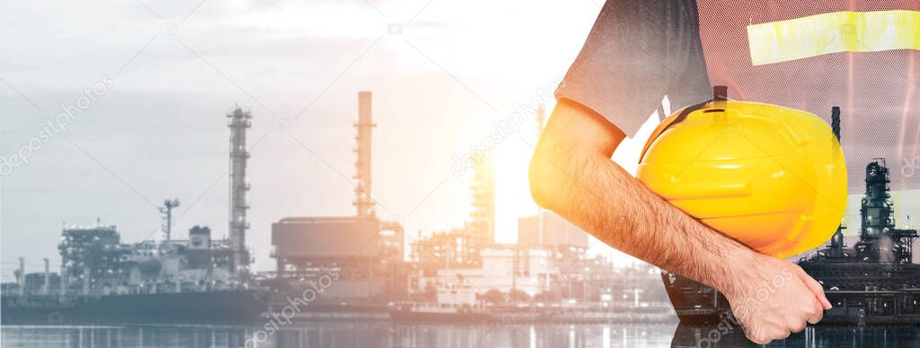 Future factory plant and energy industry concept in creative graphic design. Oil, gas and petrochemical refinery factory with double exposure arts showing next generation of power and energy business.