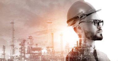 Yaratıcı grafik tasarımında gelecek fabrika ve enerji endüstrisi konsepti. Petrol, gaz ve petrokimyasal rafineri fabrikası yeni nesil enerji ve enerji sektörünü gösteriyor..