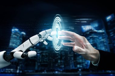 3D Rending gelecekteki robot teknolojisi geliştirme, yapay zeka yapay zeka ve makine öğrenme konsepti. İnsan hayatının geleceği için küresel robot biyonik bilim araştırması.