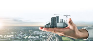 Yenilikçi mimari ve inşaat mühendisliği inşaat projesi. Profesyonel mimar, işçi ve mühendis tarafından yapılan yaratıcı grafik tasarımı altyapı şehir binası kavramını gösteriyor.