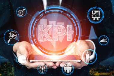 KPI İş Konsepti Performans Göstergesi - KPI yönetiminin pazarlanması için iş hedefi değerlendirmesinin sembollerini ve analitik numaralarını gösteren modern grafik arayüzü.