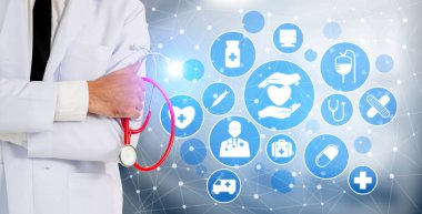 Tıbbi sağlık kavramı - doktor hastane ilaç, tıbbi bakım insanlar, acil servis ağı, hastanın sağlık doktor veri dijital tıbbi simgeleri grafik afiş gösteren sembolü ile.