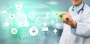 Tıbbi sağlık kavramı - doktor hastane ilaç, tıbbi bakım insanlar, acil servis ağı, hastanın sağlık doktor veri dijital tıbbi simgeleri grafik afiş gösteren sembolü ile.