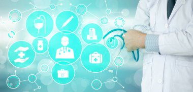 Tıbbi sağlık kavramı - doktor hastane ilaç, tıbbi bakım insanlar, acil servis ağı, hastanın sağlık doktor veri dijital tıbbi simgeleri grafik afiş gösteren sembolü ile.