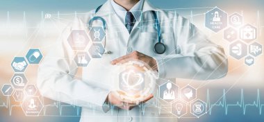 Tıbbi sağlık araştırma ve geliştirme kavramı. Doktor hastane laboratuarında bilim sağlık araştırma simge ile göster: tıbbi bakım teknoloji yenilik, tıp keşif ve sağlık veri sembolü.