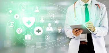 Tıbbi sağlık kavramı - doktor hastane ilaç, tıbbi bakım insanlar, acil servis ağı, hastanın sağlık doktor veri dijital tıbbi simgeleri grafik afiş gösteren sembolü ile.