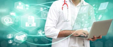 Simge grafik arayüzü gösteren sağlık insanlar, para planlama, risk yönetimi, tıbbi tedavi ve kapsama yararı sağlık sigortası kavramı - Doktor hastanede sağlık sigortası ile ilgili.