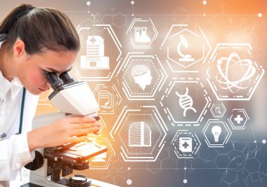Tıbbi sağlık araştırma ve geliştirme kavramı. Doktor hastane laboratuarında bilim sağlık araştırma simge ile göster: tıbbi bakım teknoloji yenilik, tıp keşif ve sağlık veri sembolü.