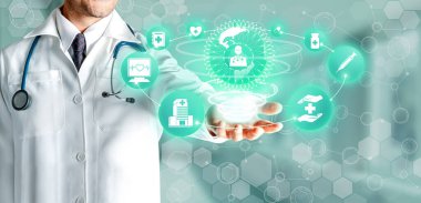 Tıbbi sağlık kavramı - doktor hastane ilaç, tıbbi bakım insanlar, acil servis ağı, hastanın sağlık doktor veri dijital tıbbi simgeleri grafik afiş gösteren sembolü ile.