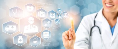 Tıbbi sağlık kavramı - doktor hastane ilaç, tıbbi bakım insanlar, acil servis ağı, hastanın sağlık doktor veri dijital tıbbi simgeleri grafik afiş gösteren sembolü ile.
