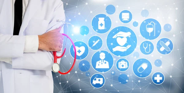 Tıbbi sağlık kavramı - doktor hastane ilaç, tıbbi bakım insanlar, acil servis ağı, hastanın sağlık doktor veri dijital tıbbi simgeleri grafik afiş gösteren sembolü ile.