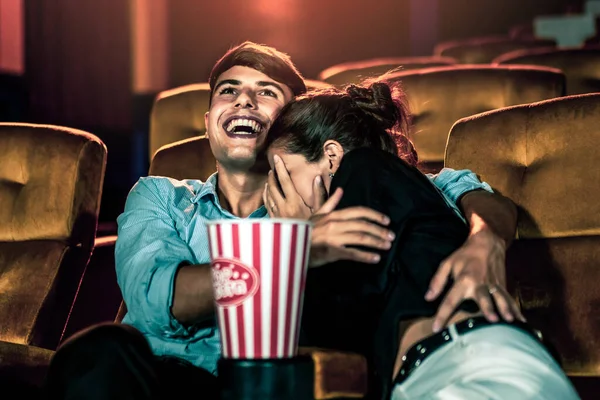 Couple Caucasian Watch Thriller Movie Cinema Woman Eyes Closed Turning — Stock Photo, Image