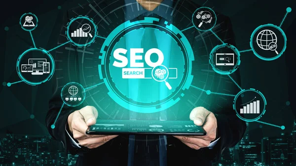 Seo 在线营销理念搜索引擎优化 通过优化客户搜索和分析市场策略 展示关键词研究网站促销符号的现代图形界面 — 图库照片